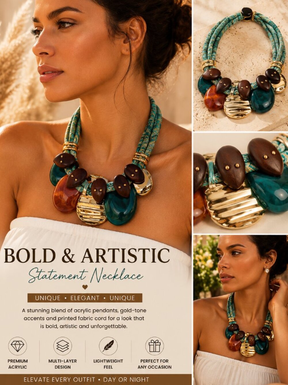 Jiute Statement Acrylic Pendant Necklace | Teal Printed Fabric Cord | Gold Tone